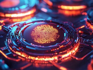 Glowing Fingerprint Icon Surrounded by Holographic Cybersecurity Shields