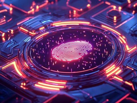 Glowing Fingerprint Icon Surrounded by Holographic Cybersecurity Shields