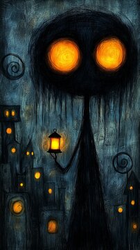  a painting of a tree in the middle of a city at night, illuminated by a street light The tree is surrounded by buildings, giving the impression of a spooky and eer