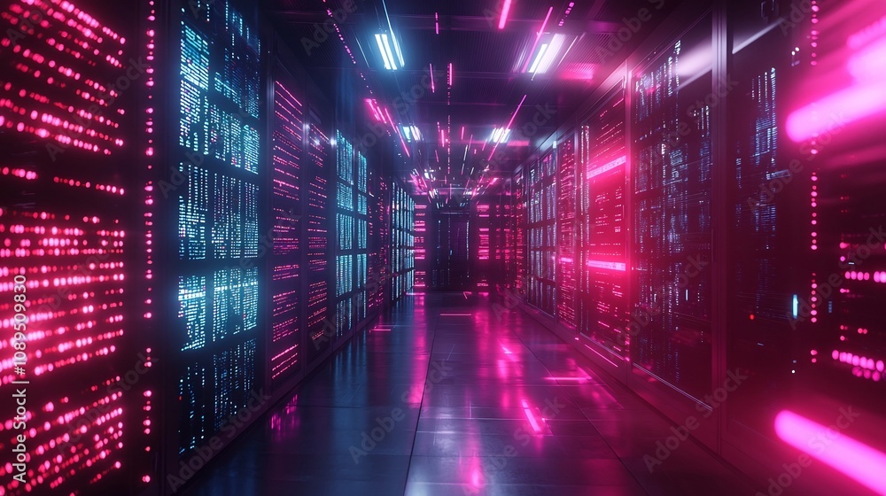 Poster futuristic server room with encrypted digital locks and shields safeguarding sensitive data flows
