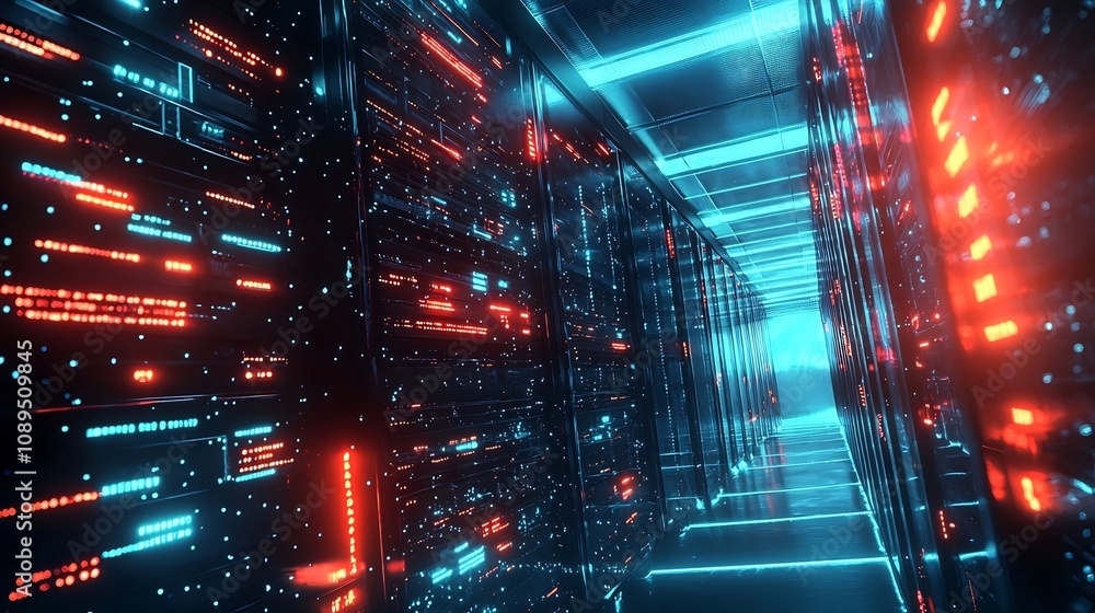 Poster futuristic glowing server room protecting encrypted data flow and sensitive cybersecurity informatio