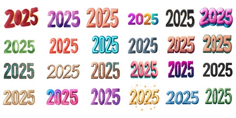Colorful 2025 text designs for New Year celebrations, creative backgrounds, and digital projects. transparent background