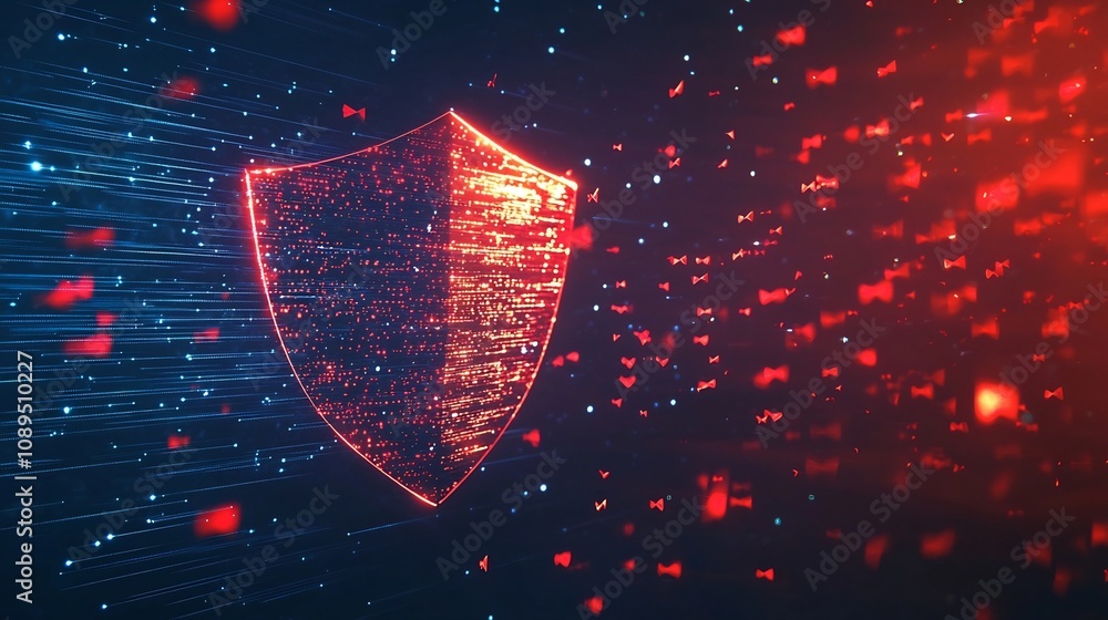 Poster glowing digital shield blocking malicious data arrows in cybersecurity concept