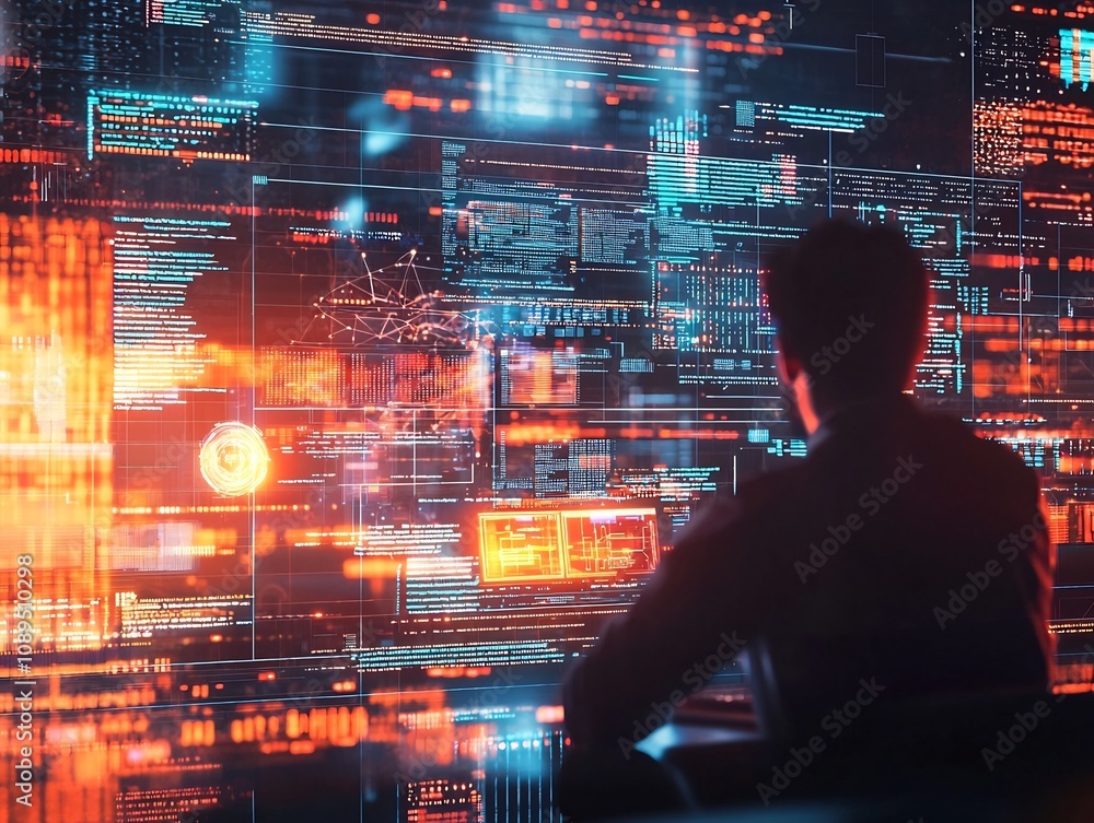 Poster cybersecurity analyst monitoring futuristic digital interface with holographic data streams