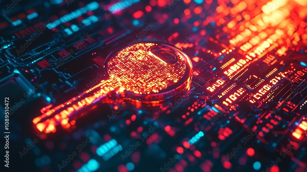 Aufkleber glowing digital security key surrounded by holographic shields and binary code