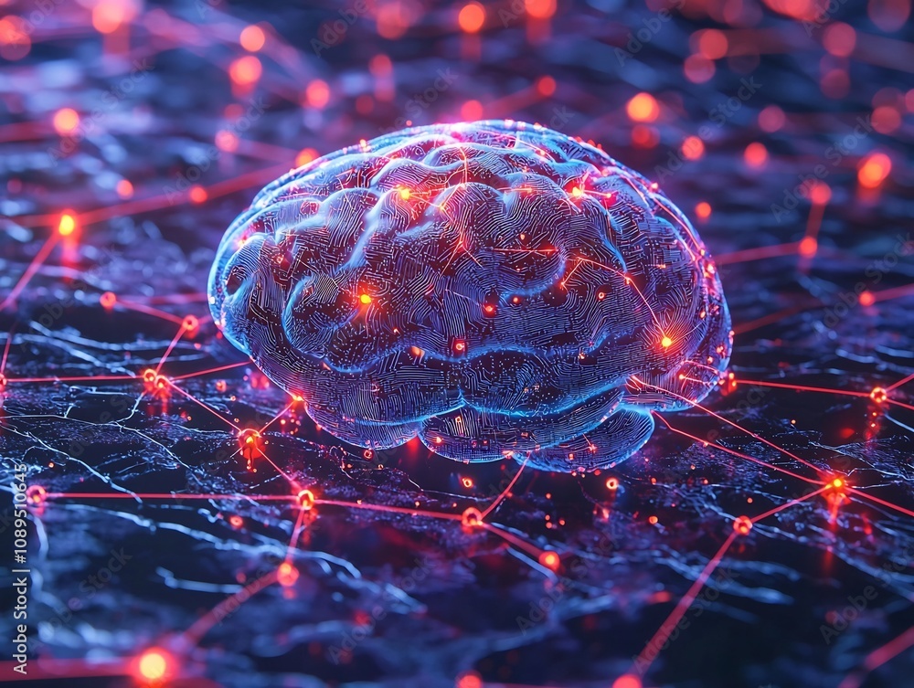 Poster holographic brain surrounded by glowing cybersecurity nodes representing advanced neural network pro