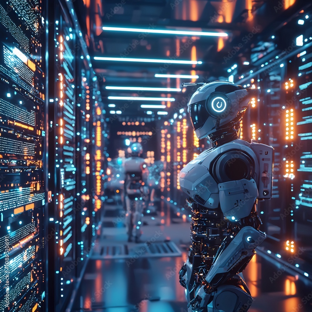 Poster futuristic cybersecurity data center with robotic monitoring of encrypted information flows