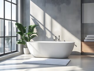 Fototapeta premium Elegant bathroom tub in luxury home with modern finishes, natural lighting, and serene spa ambiance