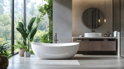 Fototapeta premium Elegant bathroom tub in luxury home with modern finishes, natural lighting, and serene spa ambiance