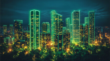 Fototapeta premium A vibrant futuristic cityscape glowing with holographic displays and sleek skyscrapers