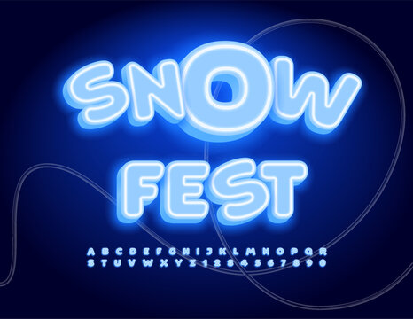 Vector glowing banner Snow Fest. Blue Winter Font. Neon 3D Alphabet Letters and Numbers set.