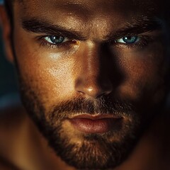 Fototapeta premium Intense and Enigmatic Portrait of Handsome Man with Glowing Highlights