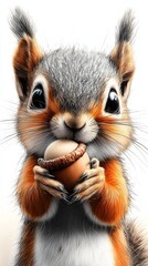 Obraz premium a cute squirrel holding an acorn in its paws against a white background The squirrel has a friendly expression on its face, and its fur is a light brown color Its
