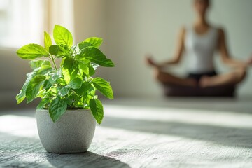 Plant in pot with blurred person in meditation pose