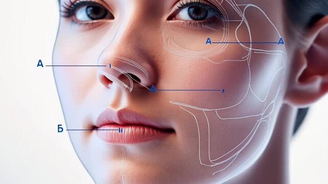 Facial Anatomy: Close-up view of a young woman's face with highlighted anatomical points for cosmetic or medical reference.  A detailed image ideal for educational purposes. 