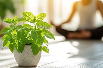 Green potted plant on table with blurred person in background