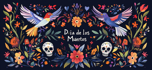 Dia de los Muertos festival with traditional skulls and floral motifs