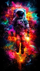 Fototapeta premium an astronaut floating in space with a colorful nebula in the background The astronaut is wearing a space suit and helmet, and is surrounded by a vibrant array of c