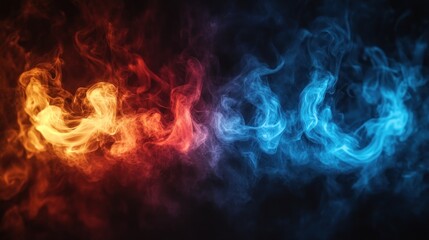 Abstract red and blue smoke swirls on black background.