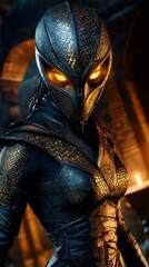  a woman in a black and gold outfit with yellow eyes, standing in front of a blurred background She is wearing a mask, giving her a mysterious and powerful look