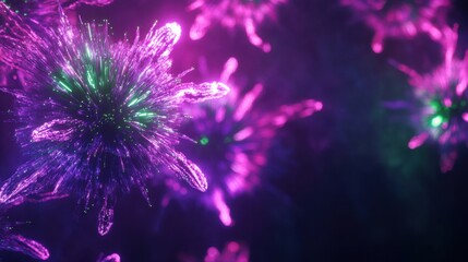 Sparkling purple and green fireworks, leaving copy space on a transparent background.