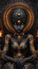 Fototapeta premium a woman in a black and gold dress sitting in front of a fire, with a design in the background She appears to be a goddess, with intricate details and a regal prese