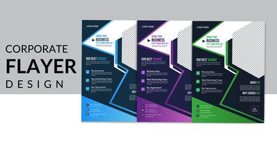 Corporate creative and unique business flyer design with blue, purple and green color variation.