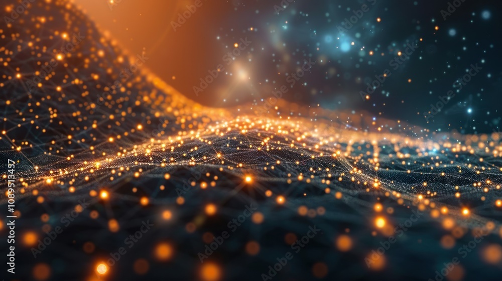 Aufkleber abstract digital landscape with glowing points of light and a network of lines.