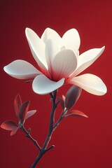 Naklejka premium Delicate Magnolia Blooms Against a Vibrant Crimson Background