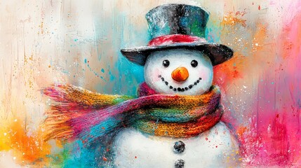  a painting of a snowman wearing a colorful scarf and a top hat The snowman is painted in a variety of colors, giving it a cheerful and festive look