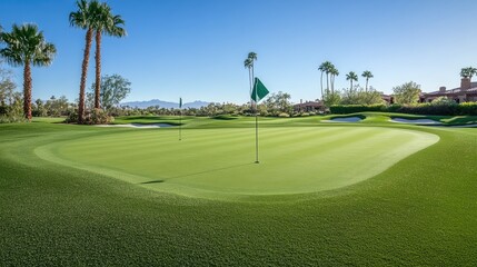Obraz premium Stunning Golf Course Green with Lush Turf and Palm Trees Under Clear Blue Sky in Sunny Desert Landscape Ideal for Outdoor Recreation and Leisure Activities
