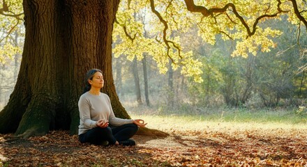 Serenity in nature, meditative practice under ancient tree, peaceful outdoor retreat for relaxation and mindfulness