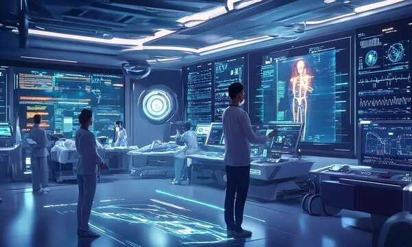 A computer lab with a blue background and a lot of screens. The screens are all displaying different things, including a person in the middle of the room. Scene is futuristic and high-tech