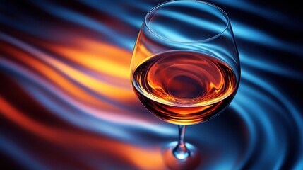 Amber liquid in a glass on a wavy surface.