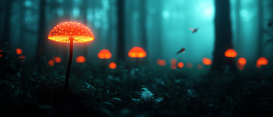 Mystical Forest: Bioluminescent Plants and Glowing Mushrooms at Night
