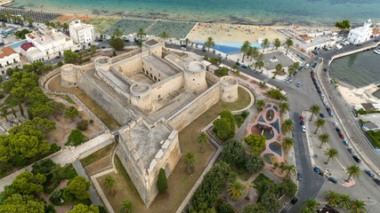Aerial view of the castle of Manfredonia, in Puglia, Italy. It is a military structure built by the...