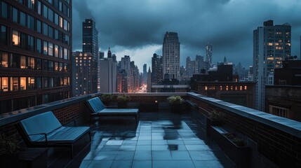 Fototapeta premium Captivating Urban Rooftop View Overlooking a Rainy New York City Skyline with Dramatic Clouds and Glowing City Lights at Dusk