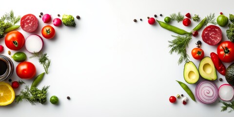 White background with a variety of vegetables and fruits, including tomatoes, onions, peppers, and avocados