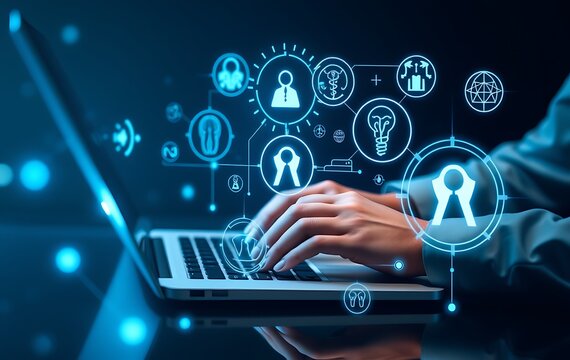 Man typing on laptop, glowing medical icons with AI technologies - Powered by Adobe