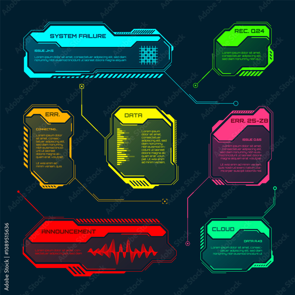 Poster futuristic hud or ui elements. sci-fi user interface text boxes, callouts. colorful warning message 