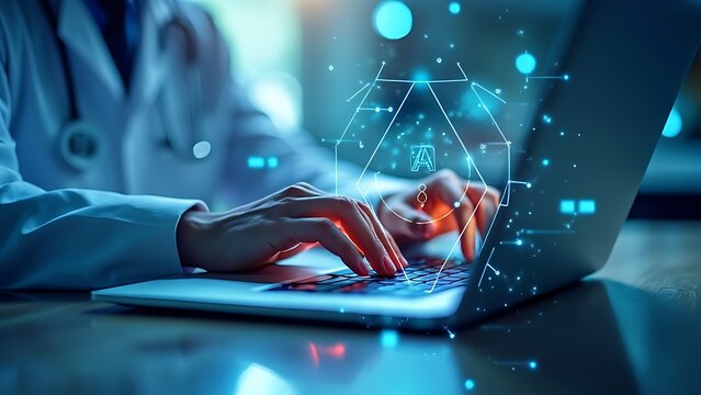 Man typing on laptop, glowing medical icons with AI technologies