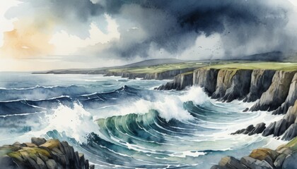 Fototapeta premium Watercolor illustration capturing the rugged coastline and crashing waves in celebration of St. Patricks Day festivities