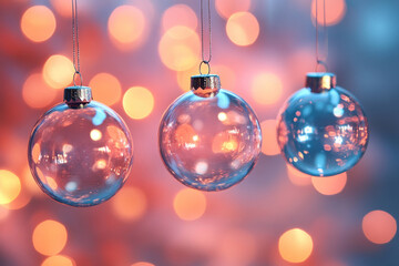 Obraz premium Three transparent glass Christmas balls hanging on thin threads. 