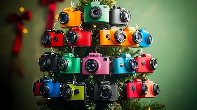 Christmas tree with many different colored cameras hanging from it. The tree is decorated with lights and a bow