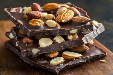 Glossy dark chocolate bark embedded with pistachios, cashews, and pecans, surrounded by loose nuts