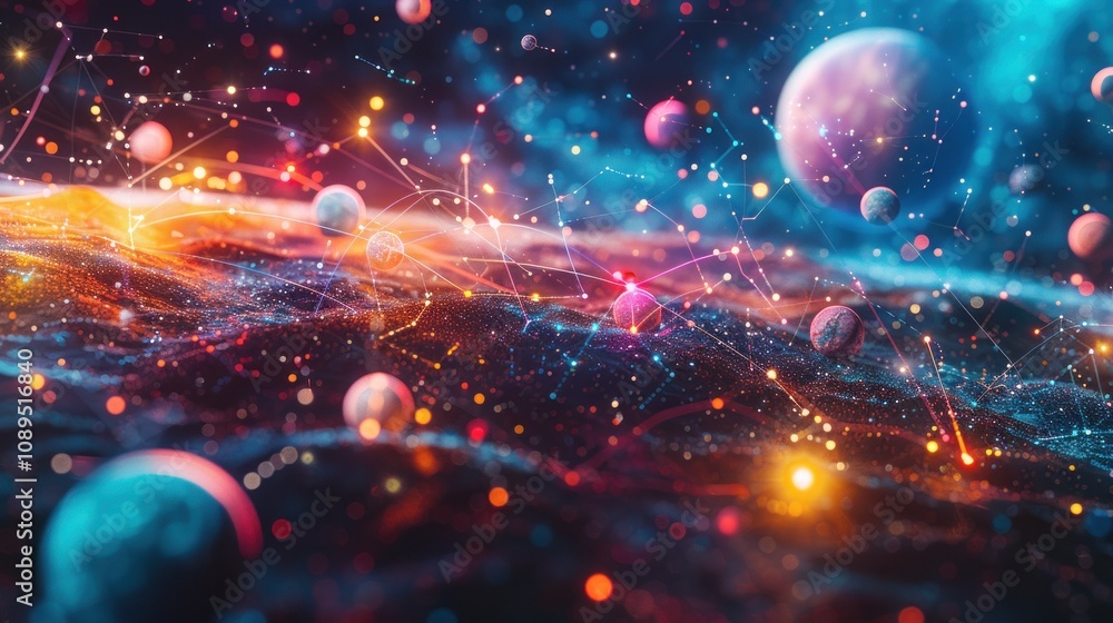 Poster abstract colorful nebula with planets and glowing lines.