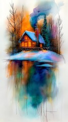  a painting of a cabin nestled in the woods, surrounded by trees and a body of water The painting is done in a watercolor style, with vibrant colors and intricate d