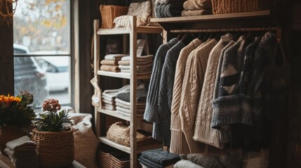 Cozy shop interior displaying neatly arranged sweaters and textiles.