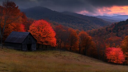 Breathtaking Autumn Landscape with Vibrant Foliage and Tranquil Barn at Sunset