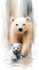  a painting of a mother polar bear and her cub walking side by side The mother bear is a light brown color with a white muzzle and a black nose, while the cub is a